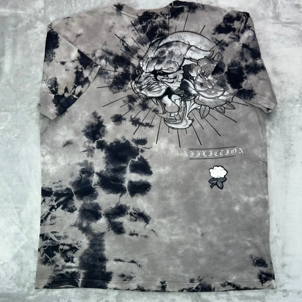 AFFLICTION Graphic T-Shirt Men's XL‎ Gray Tie Dye Panther Rose Y2K Biker MMA USA